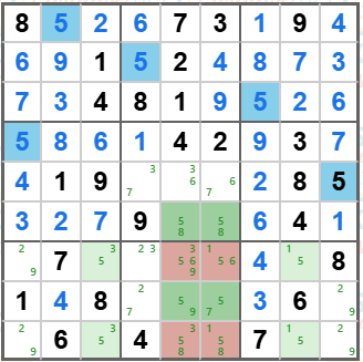 SudokuParadise grid showing a row-based X-Wing on digit 5 in Rows 6 and 8, crossing Columns 5 and 6.